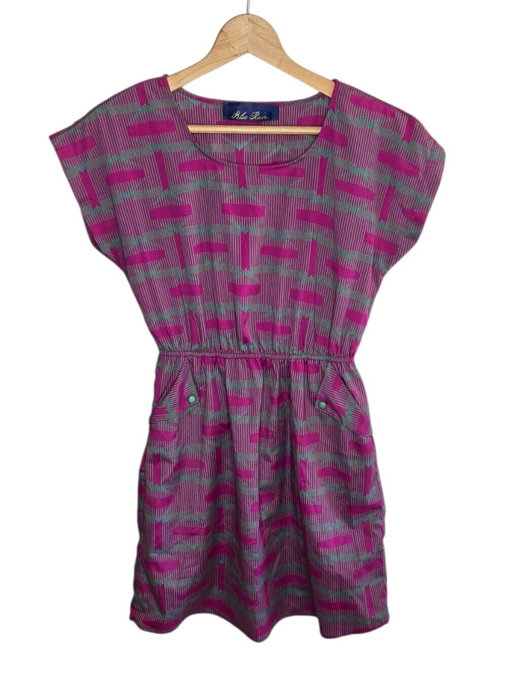Y2K Blue Rain Magenta & Green Print Short Sleeve Dress with Pockets Size Small